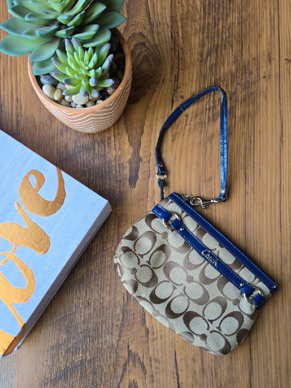 Coach Beige Signature Canvas Wristlet with Blue Trim